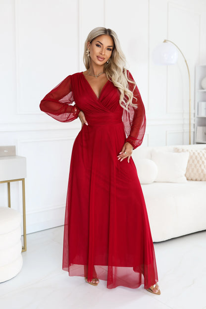 684-1 NERISSA Elegantes Tüll-Maxikleid mit Wickelausschnitt - hellbordeaux