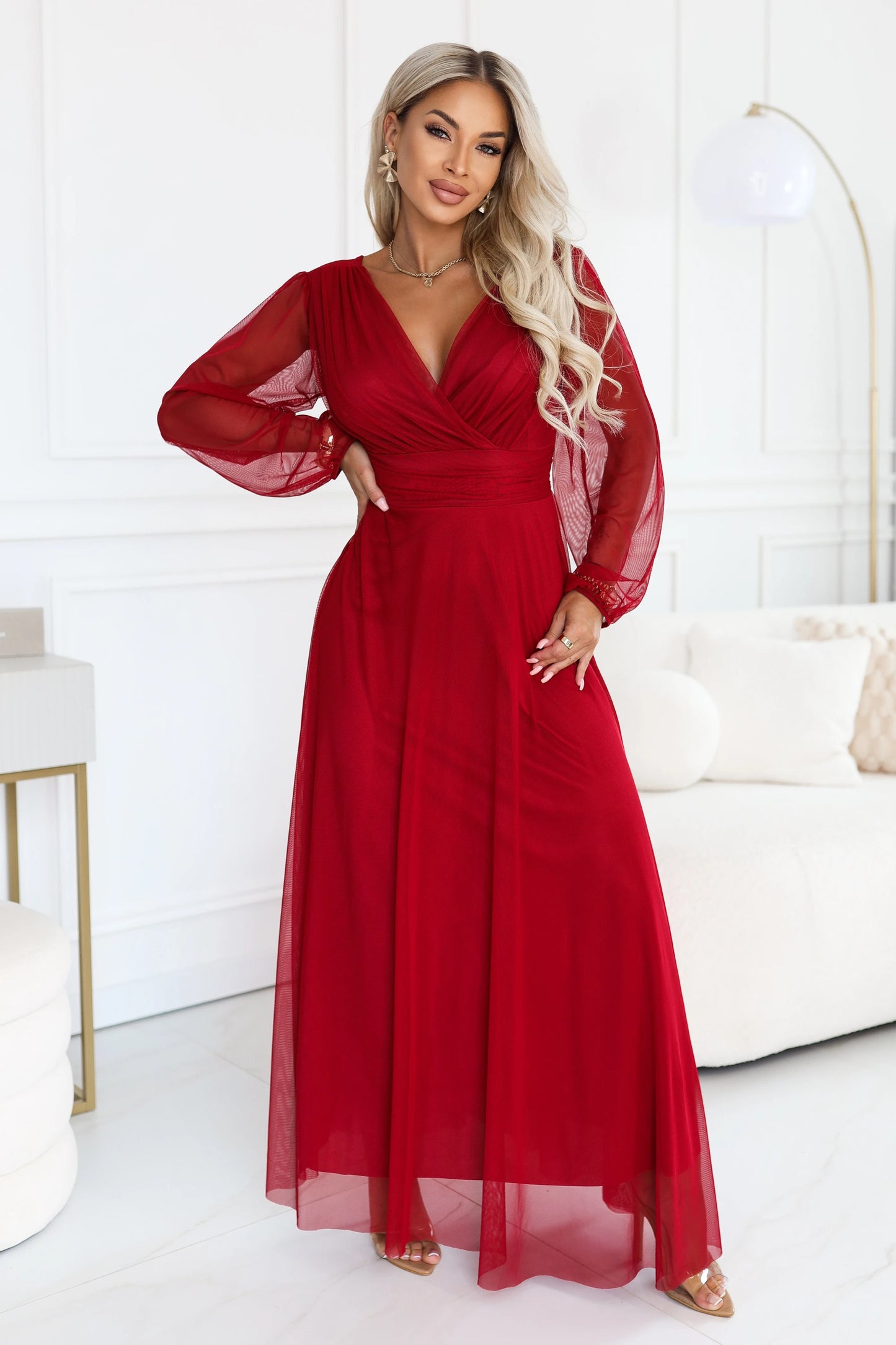 684-1 NERISSA Elegantes Tüll-Maxikleid mit Wickelausschnitt - hellbordeaux