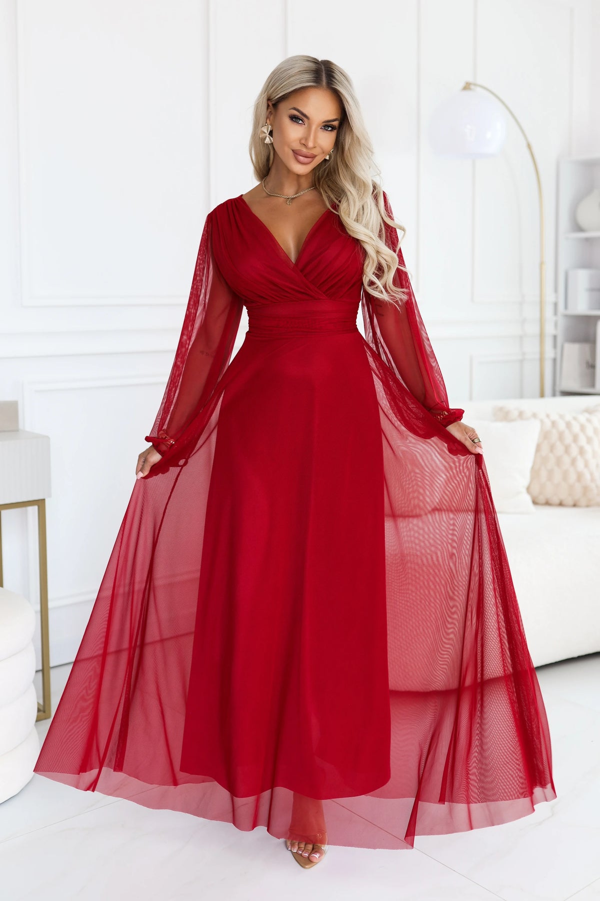 684-1 NERISSA Elegantes Tüll-Maxikleid mit Wickelausschnitt - hellbordeaux