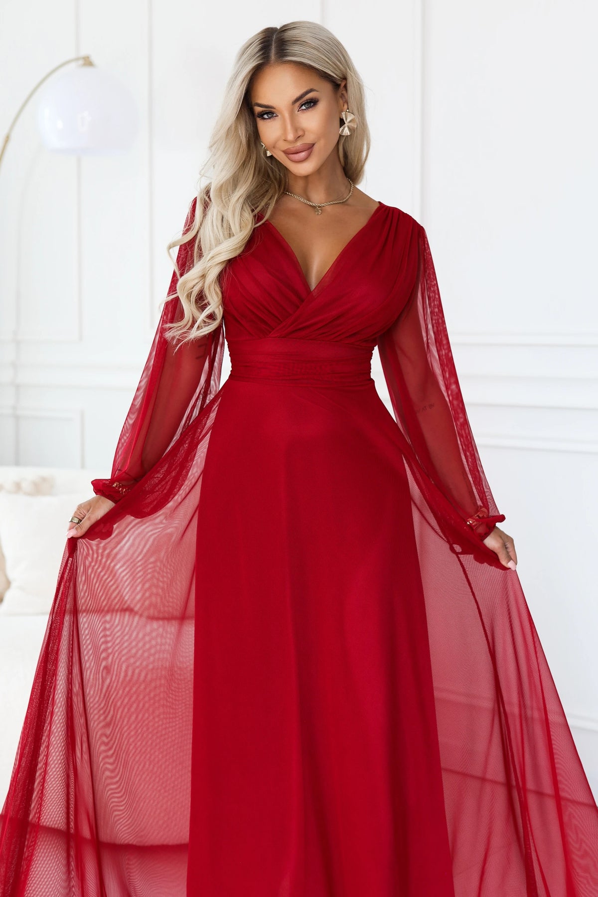684-1 NERISSA Elegantes Tüll-Maxikleid mit Wickelausschnitt - hellbordeaux