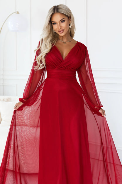 684-1 NERISSA Elegantes Tüll-Maxikleid mit Wickelausschnitt - hellbordeaux