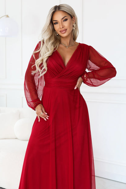 684-1 NERISSA Elegantes Tüll-Maxikleid mit Wickelausschnitt - hellbordeaux