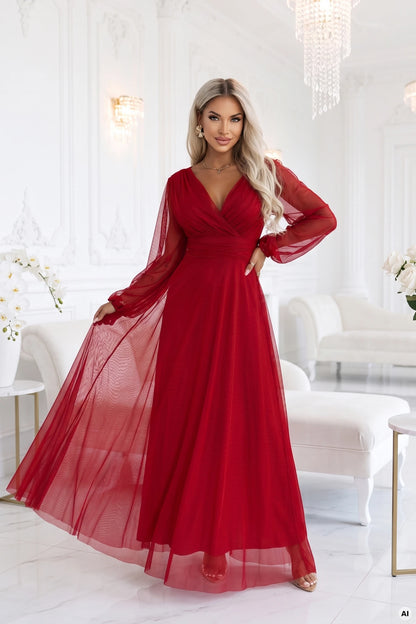 684-1 NERISSA Elegantes Tüll-Maxikleid mit Wickelausschnitt - hellbordeaux