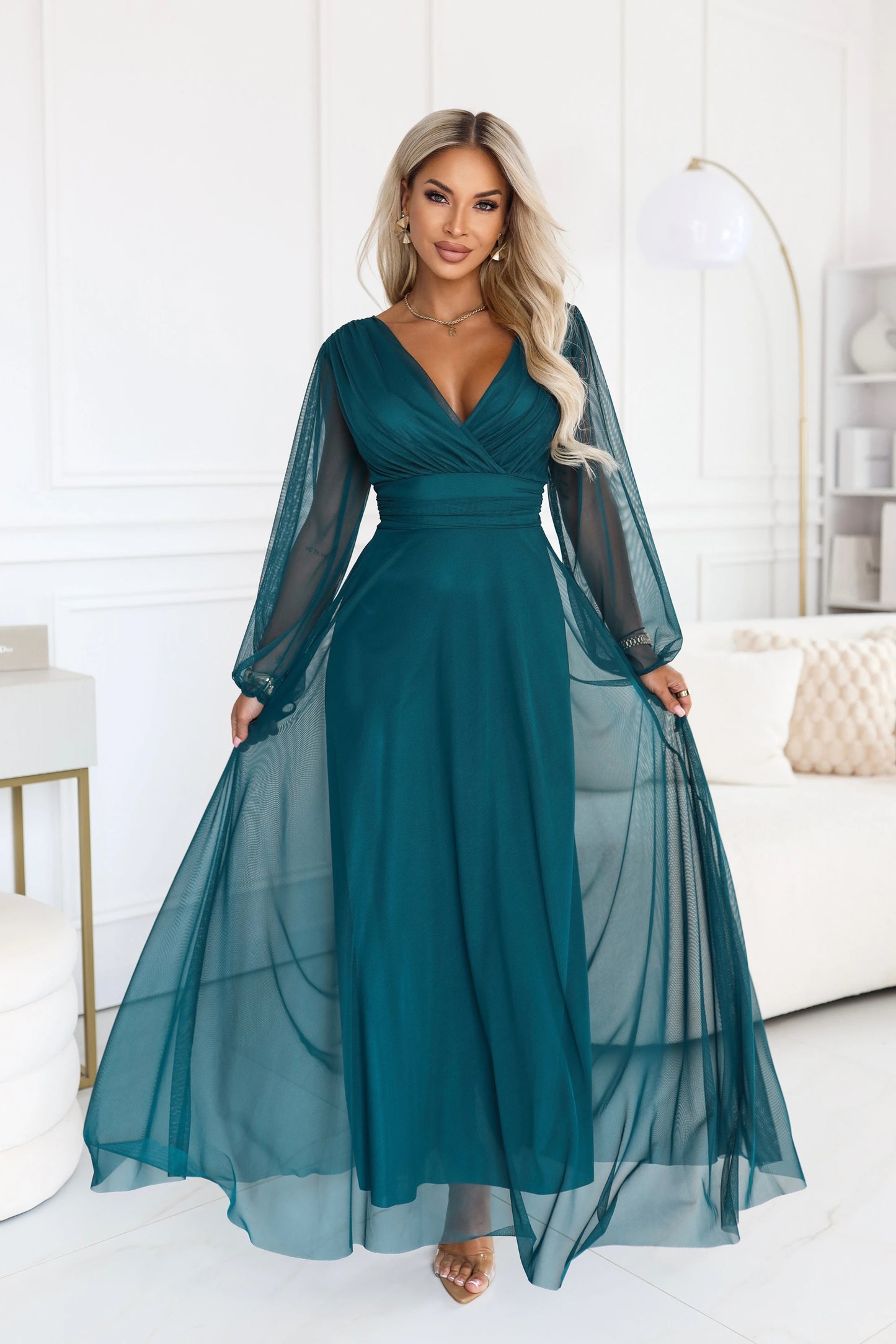 684-2 NERISSA Elegantes Tüll-Maxikleid mit Wickelausschnitt - meergrün