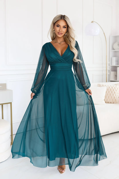 684-2 NERISSA Elegantes Tüll-Maxikleid mit Wickelausschnitt - meergrün