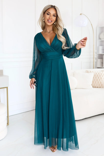 684-2 NERISSA Elegantes Tüll-Maxikleid mit Wickelausschnitt - meergrün