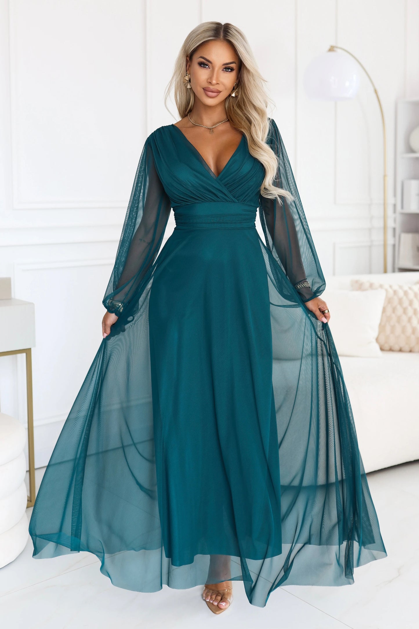 684-2 NERISSA Elegantes Tüll-Maxikleid mit Wickelausschnitt - meergrün