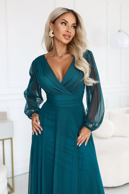 684-2 NERISSA Elegantes Tüll-Maxikleid mit Wickelausschnitt - meergrün