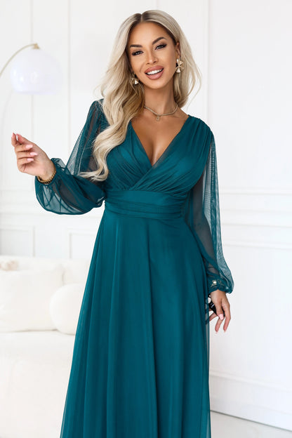 684-2 NERISSA Elegantes Tüll-Maxikleid mit Wickelausschnitt - meergrün