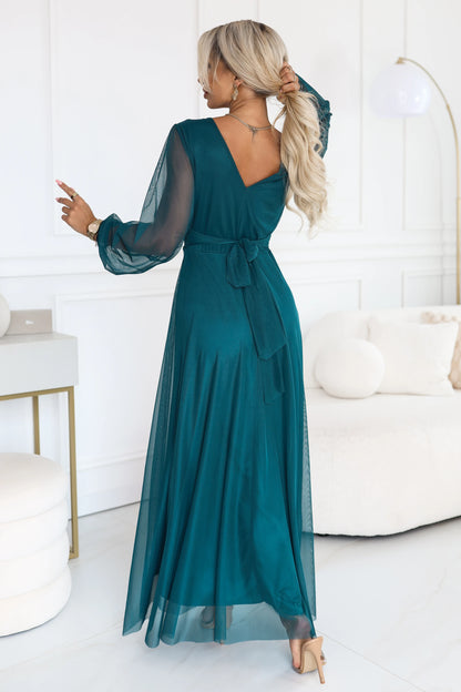 684-2 NERISSA Elegantes Tüll-Maxikleid mit Wickelausschnitt - meergrün