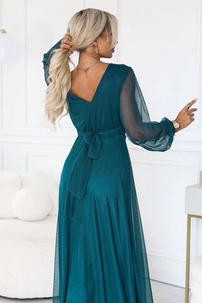 684-2 NERISSA Elegantes Tüll-Maxikleid mit Wickelausschnitt - meergrün