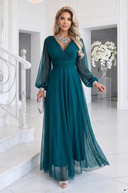 684-2 NERISSA Elegantes Tüll-Maxikleid mit Wickelausschnitt - meergrün