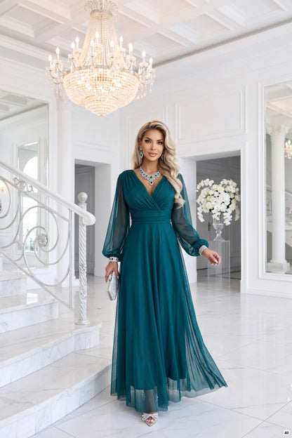 684-2 NERISSA Elegantes Tüll-Maxikleid mit Wickelausschnitt - meergrün