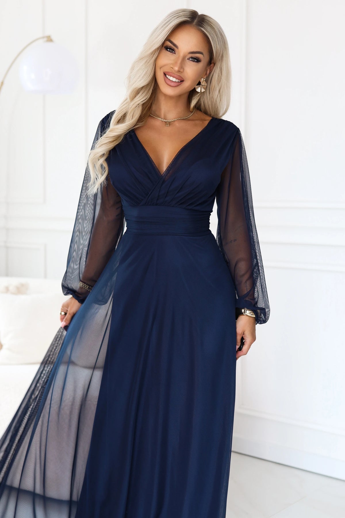 684-3 NERISSA Elegantes Tüll-Maxikleid mit Wickelausschnitt - marineblau