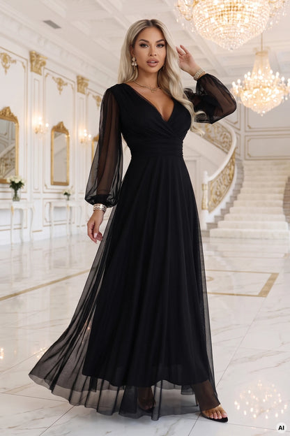 684-4 NERISSA Elegantes Tüll-Maxikleid mit Wickelausschnitt