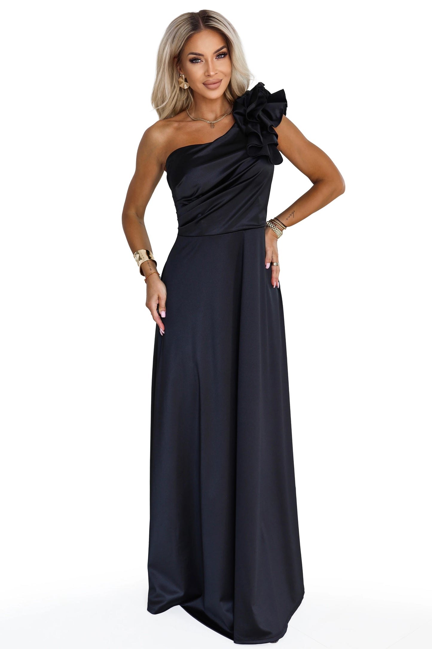 685-1 Satin-Abend-Maxikleid mit einer Schulter und dekorativem Volant