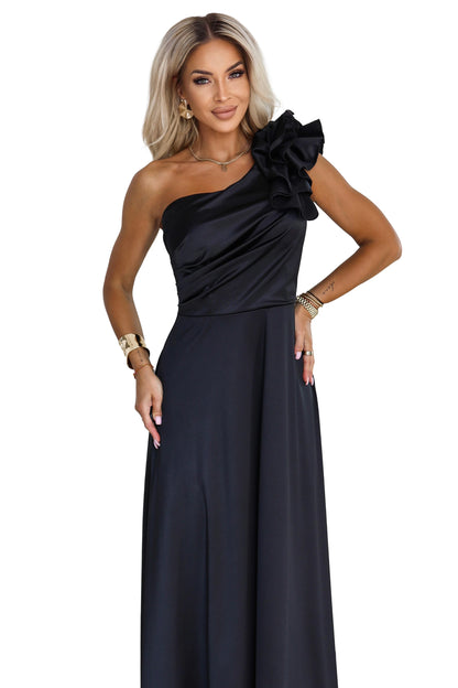 685-1 Satin-Abend-Maxikleid mit einer Schulter und dekorativem Volant