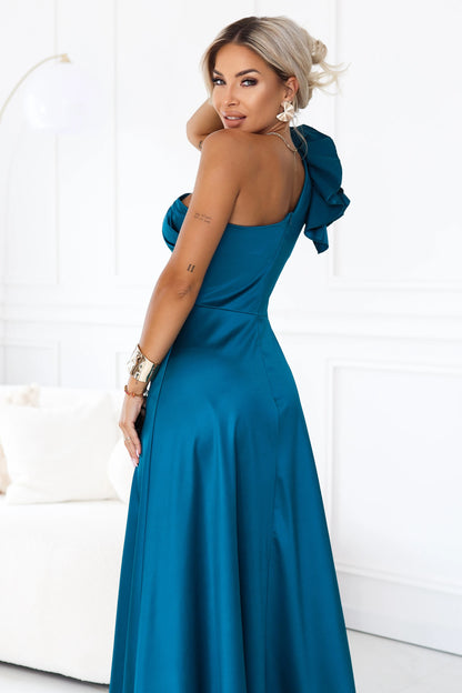 685-2 Satin-Abend-Maxikleid mit einer Schulter und dekorativem Volant - meergrün