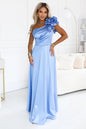 685-3 Satin-Abend-Maxikleid mit einer Schulter und dekorativem Volant - hellblau