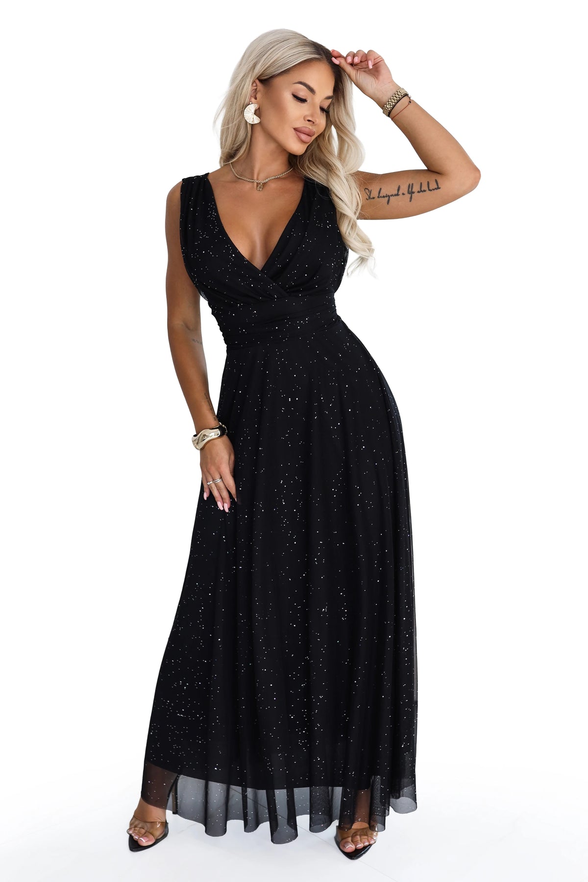 686-3 MIRELLA Langes Abendkleid mit Glitzertüll und V-Ausschnitt