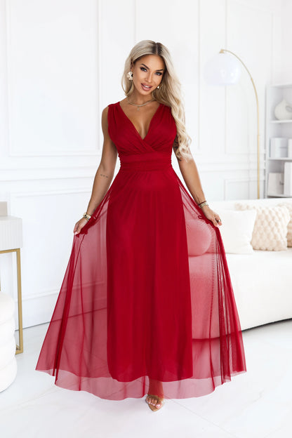 687-2 Elegantes Maxikleid mit Wickelausschnitt und offenem Rücken - hellbordeaux