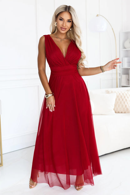 687-2 Elegantes Maxikleid mit Wickelausschnitt und offenem Rücken - hellbordeaux