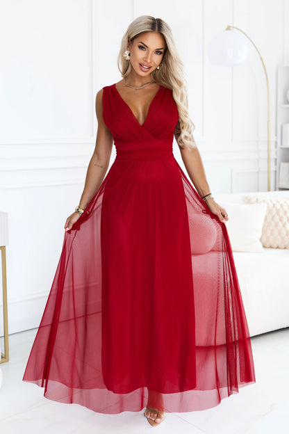 687-2 Elegantes Maxikleid mit Wickelausschnitt und offenem Rücken - hellbordeaux