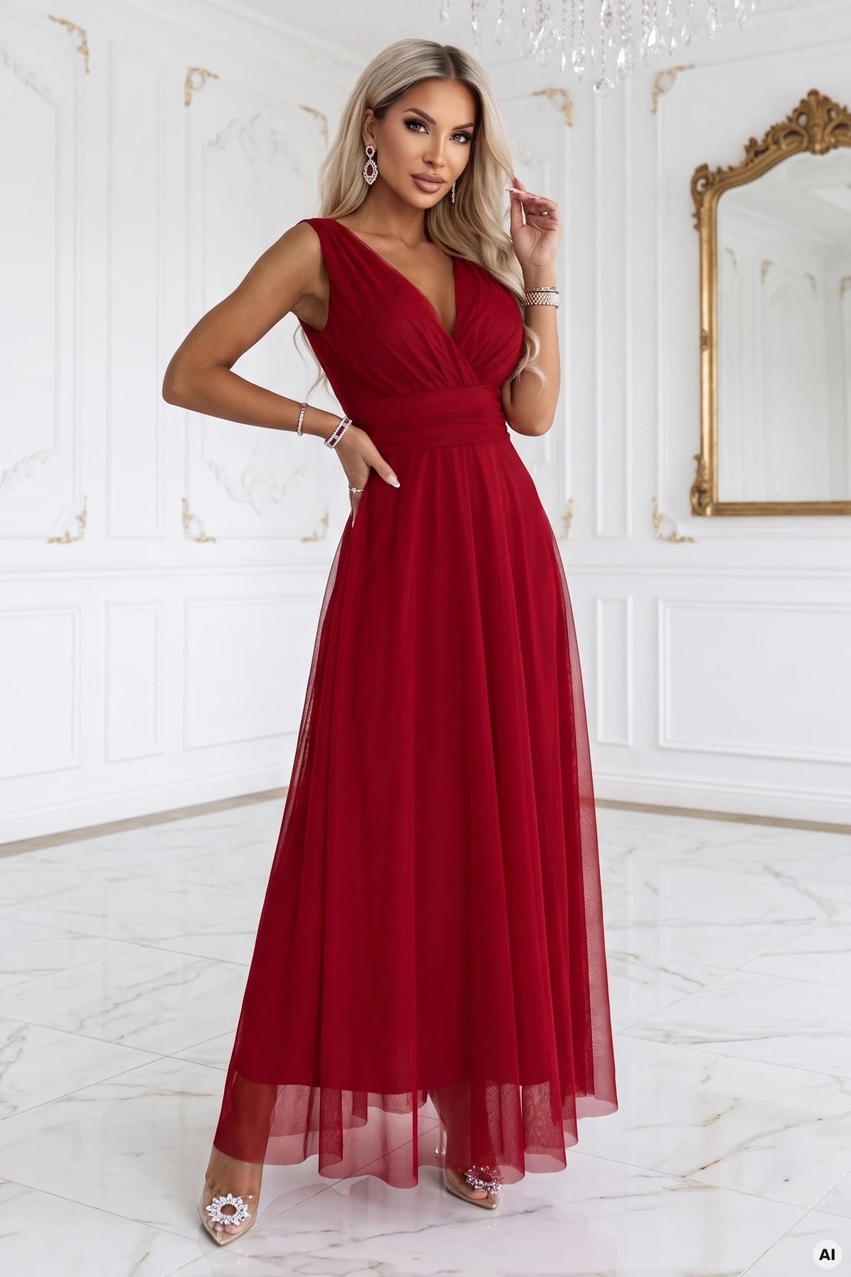 687-2 Elegantes Maxikleid mit Wickelausschnitt und offenem Rücken - hellbordeaux