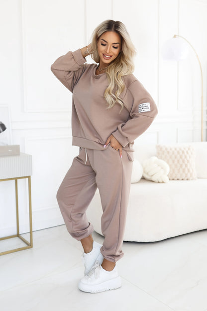 689-1 Damen-Jogginganzug mit Oversize-Sweatshirt und Hose mit Bindeband - Cappuccino