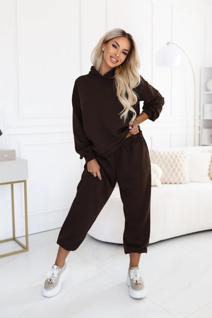 690-1 Damen-Jogginganzug mit Kapuzenpullover und lockerer Hose - Schokoladenbraun