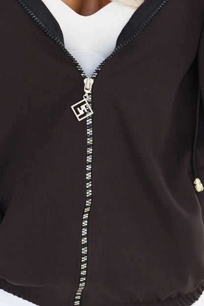 691-3 Damen-Kapuzenjacke mit Reißverschluss und dekorativem Zipper - schokoladenbraun