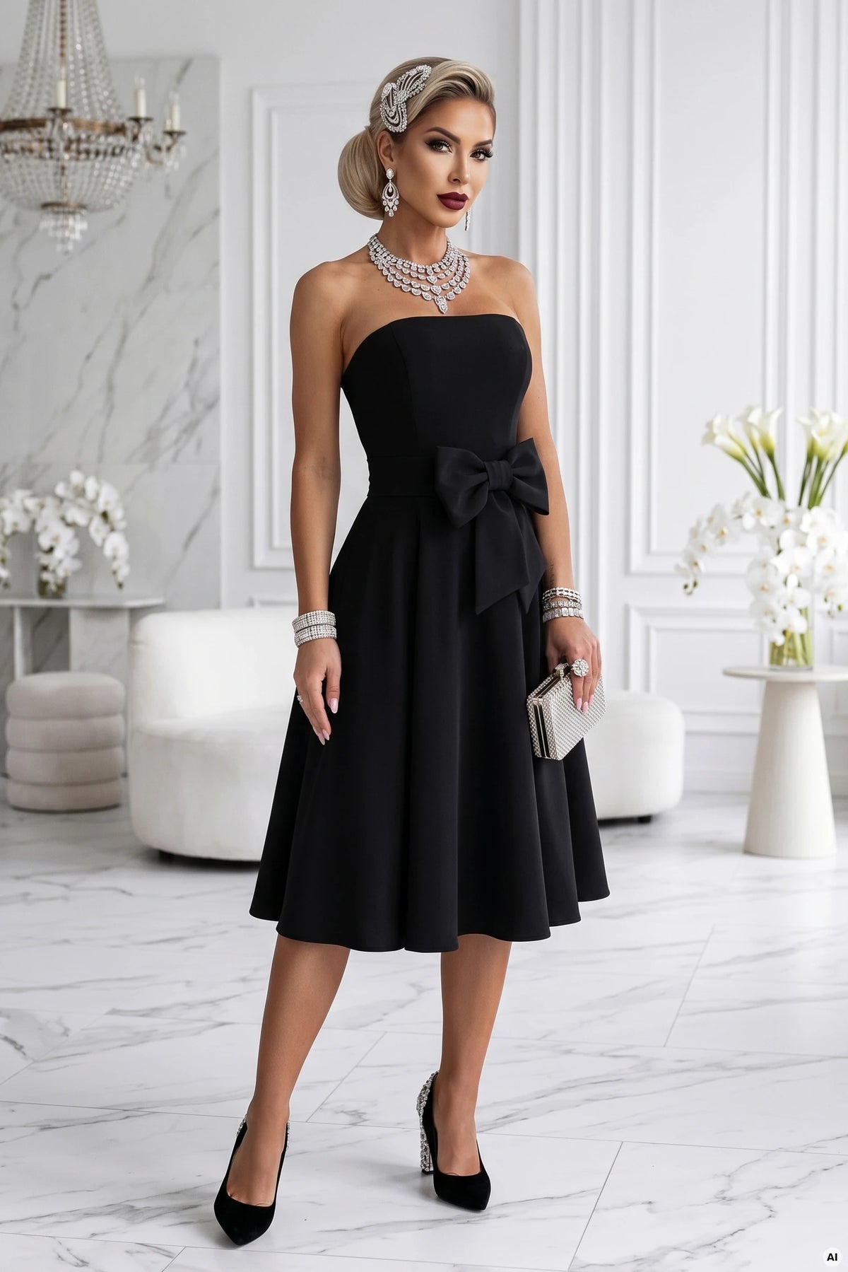 692-1 NAYA Elegantes trägerloses Korsett-Midikleid mit Schleife