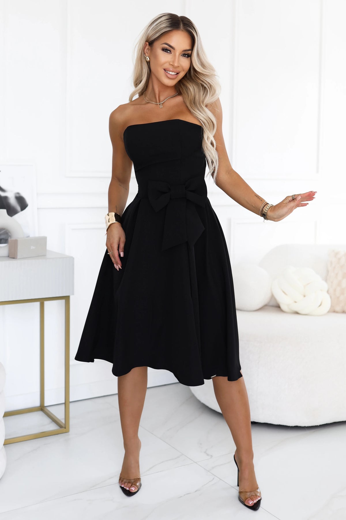 692-1 NAYA Elegantes trägerloses Korsett-Midikleid mit Schleife