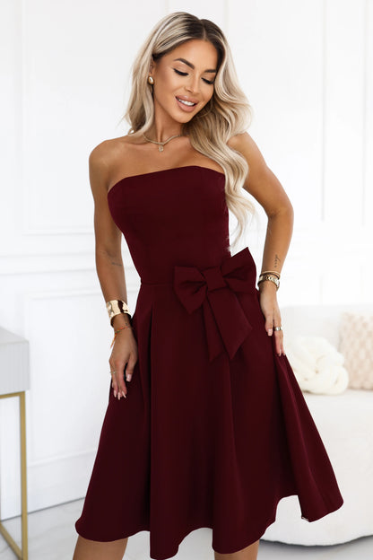 692-3 NAYA Elegantes trägerloses Korsett-Midikleid mit Schleife - bordeauxrot