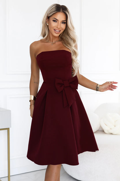 692-3 NAYA Elegantes trägerloses Korsett-Midikleid mit Schleife - bordeauxrot