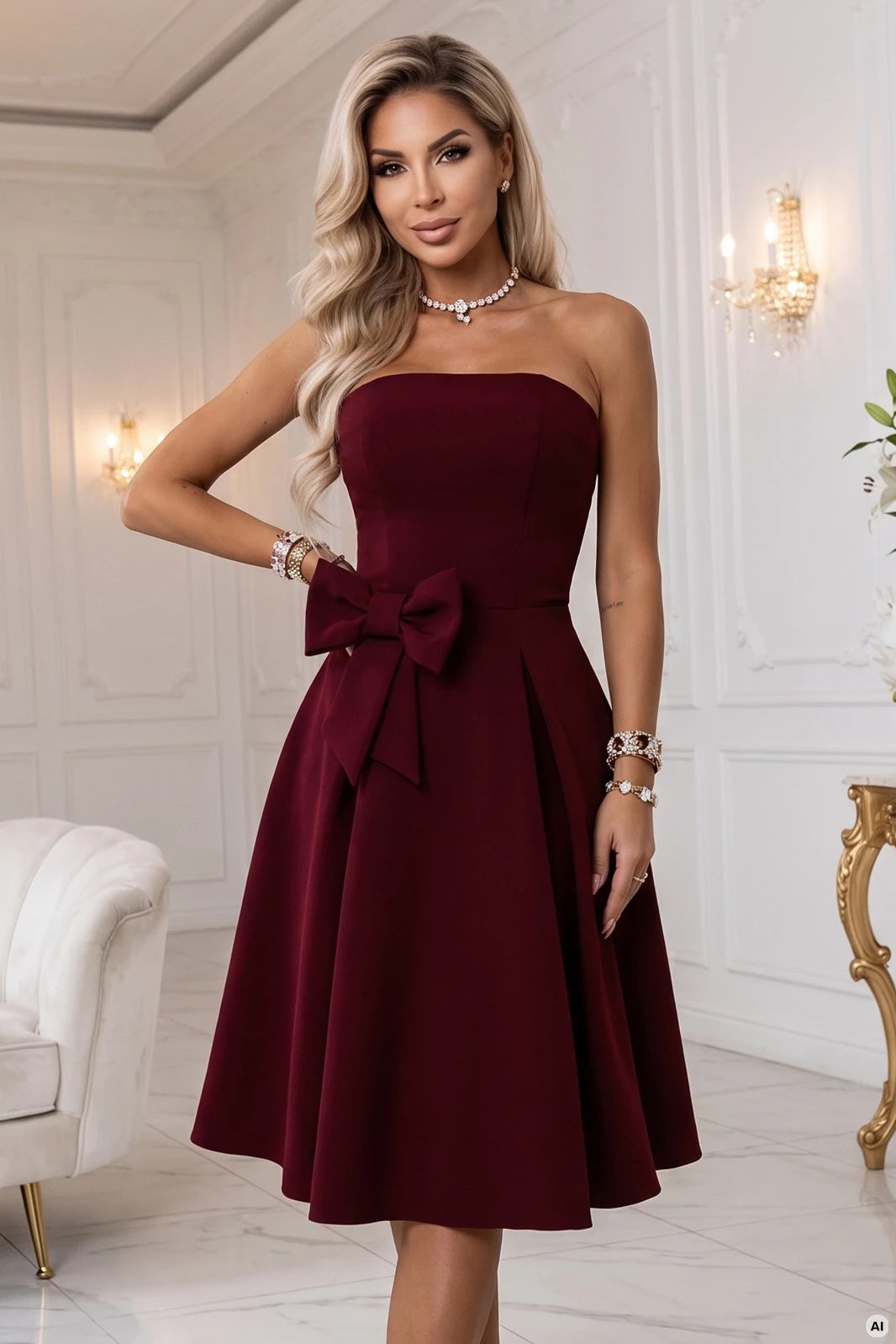 692-3 NAYA Elegantes trägerloses Korsett-Midikleid mit Schleife - bordeauxrot