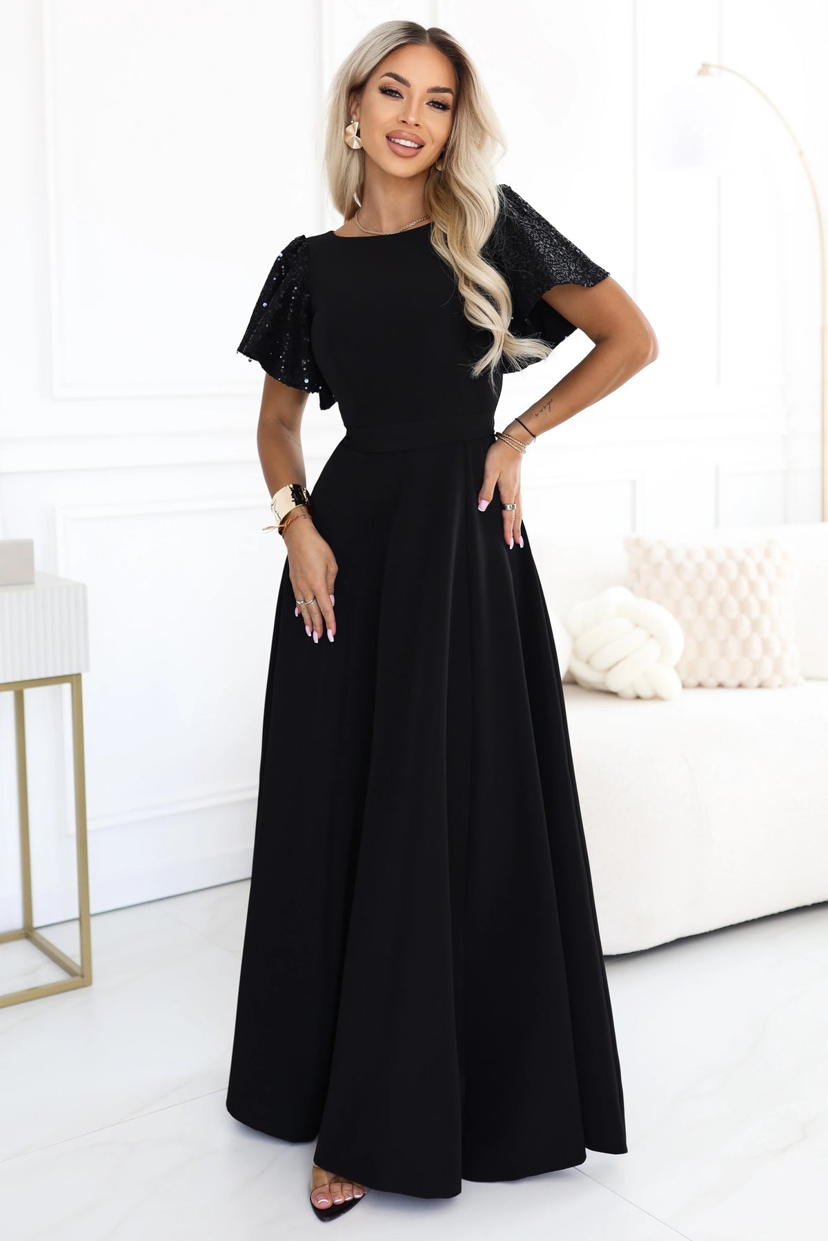 694-1 MIRELLA Elegantes ausgestelltes Maxikleid mit Pailletten-Ärmeln