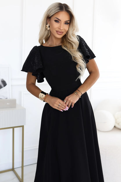 694-1 MIRELLA Elegantes ausgestelltes Maxikleid mit Pailletten-Ärmeln
