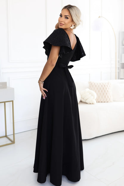 694-1 MIRELLA Elegantes ausgestelltes Maxikleid mit Pailletten-Ärmeln