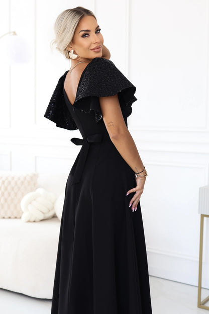 694-1 MIRELLA Elegantes ausgestelltes Maxikleid mit Pailletten-Ärmeln