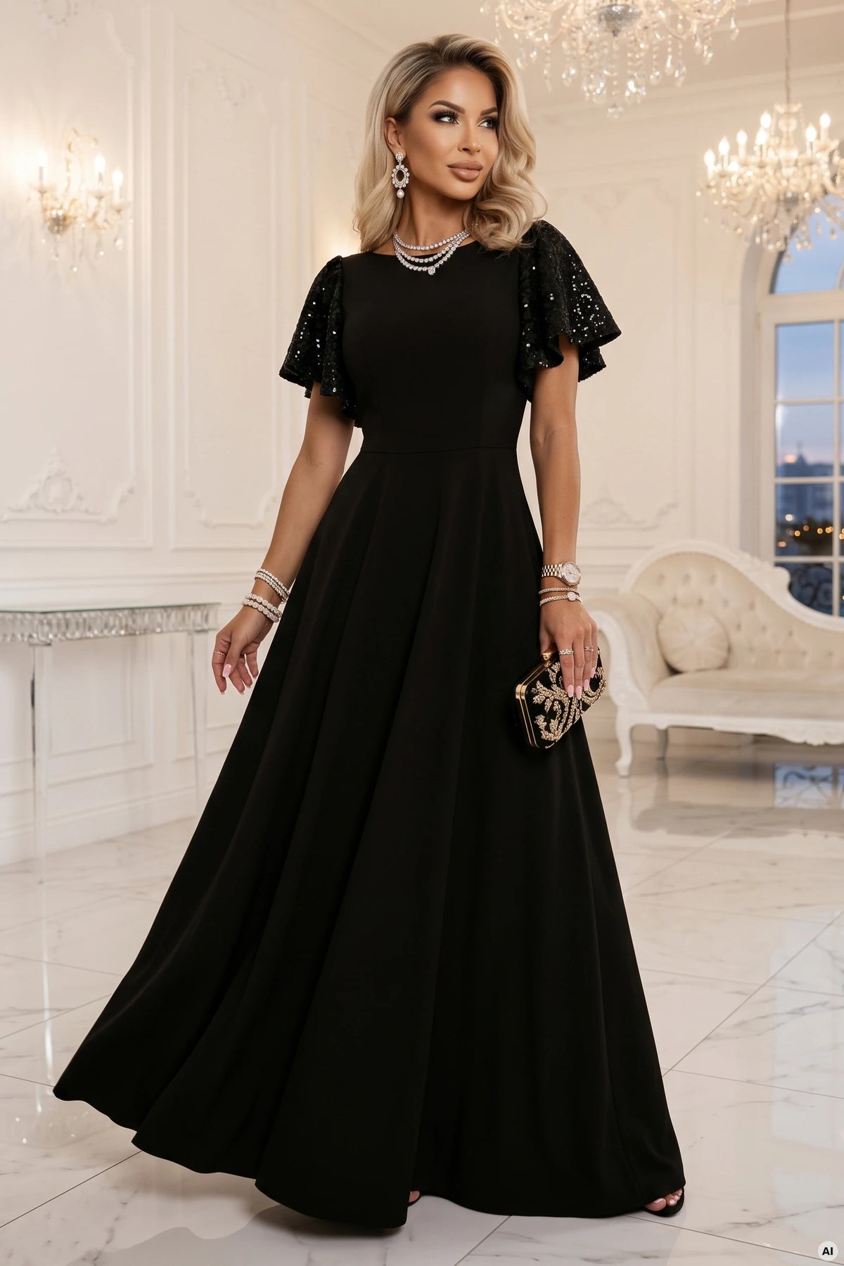 694-1 MIRELLA Elegantes ausgestelltes Maxikleid mit Pailletten-Ärmeln