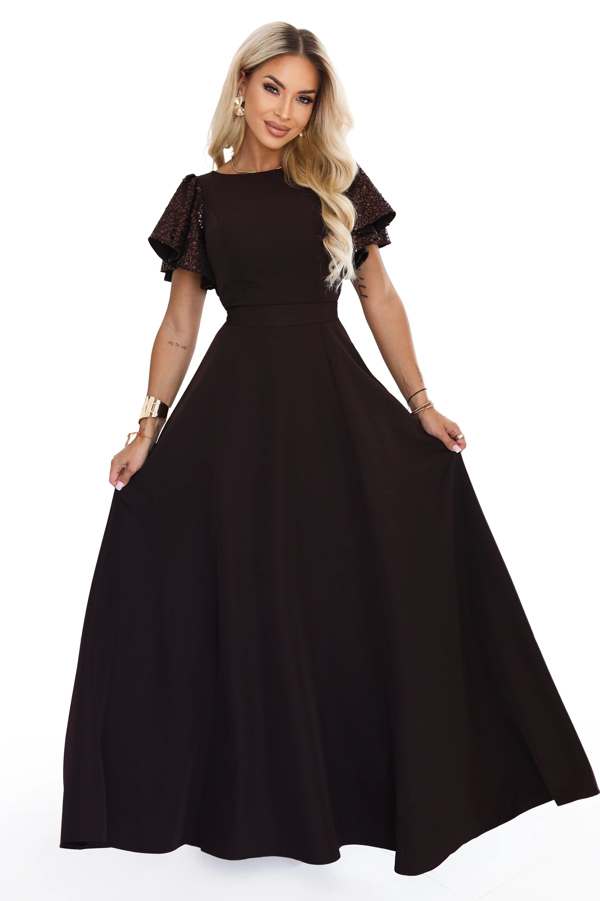 694-2 MIRELLA Elegantes ausgestelltes Maxikleid mit Pailletten-Ärmeln - schokoladenbraun