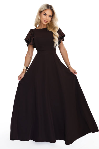 694-2 MIRELLA Elegantes ausgestelltes Maxikleid mit Pailletten-Ärmeln - schokoladenbraun