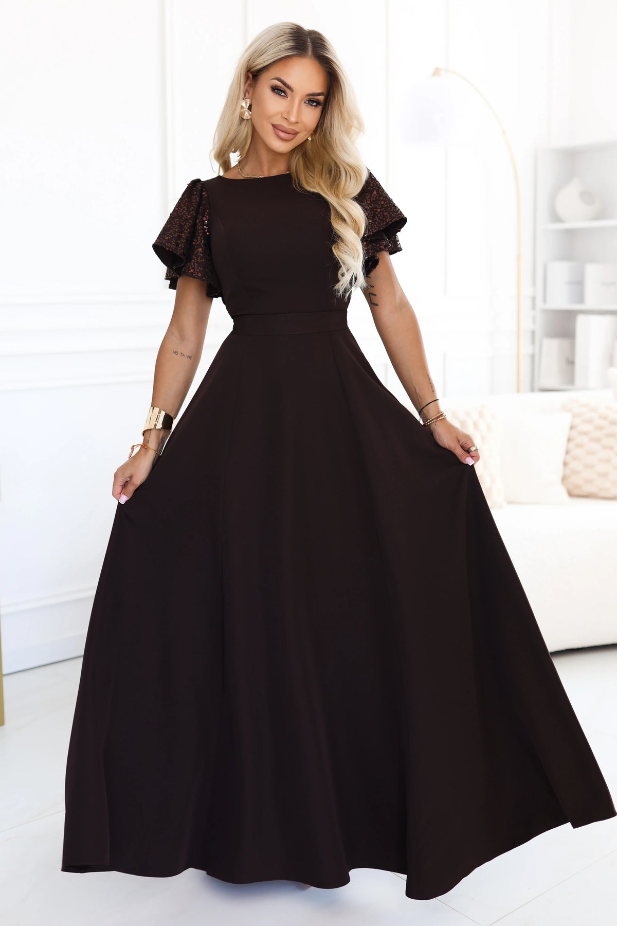 694-2 MIRELLA Elegantes ausgestelltes Maxikleid mit Pailletten-Ärmeln - schokoladenbraun