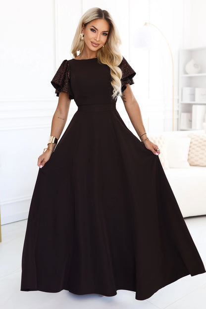 694-2 MIRELLA Elegantes ausgestelltes Maxikleid mit Pailletten-Ärmeln - schokoladenbraun
