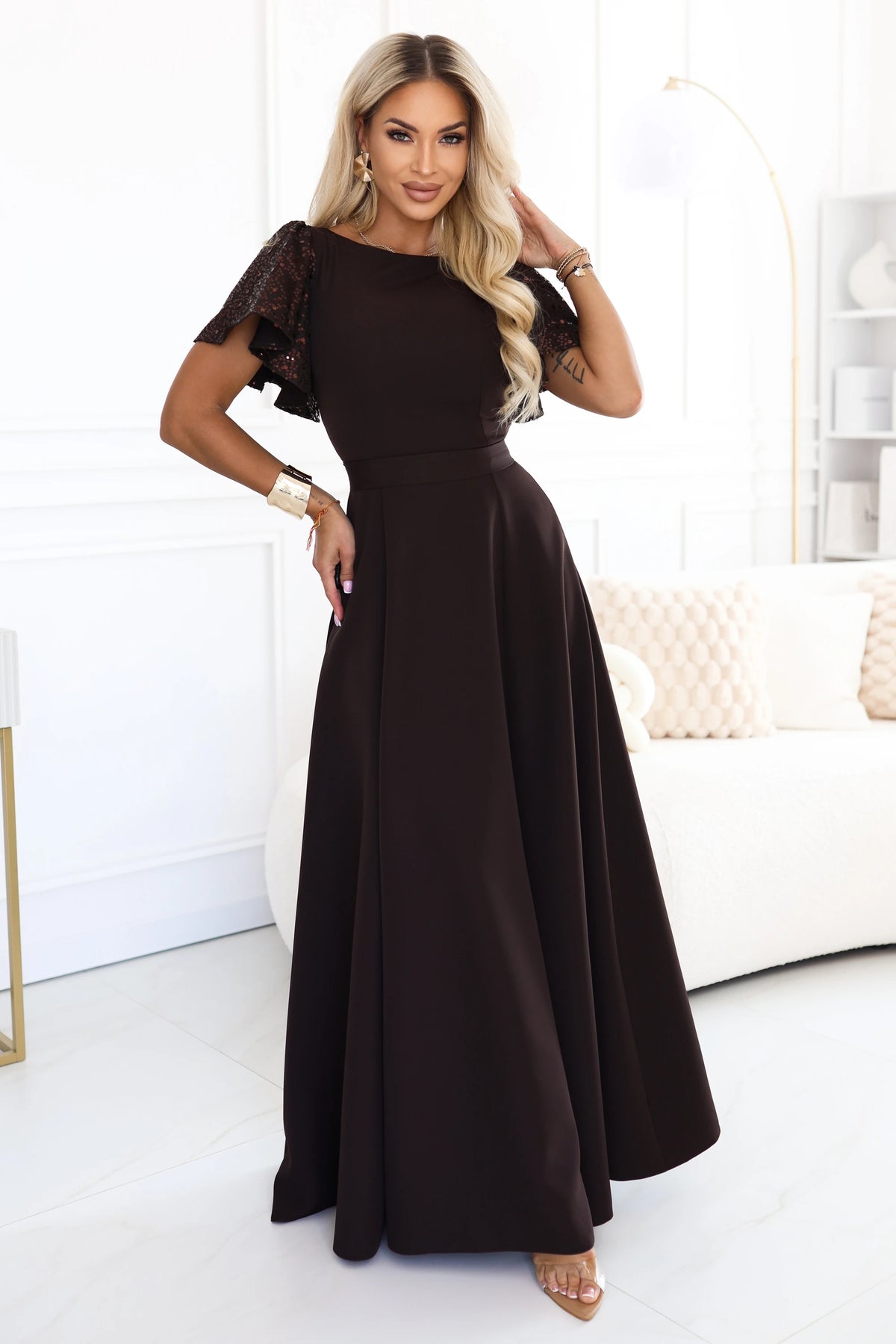 694-2 MIRELLA Elegantes ausgestelltes Maxikleid mit Pailletten-Ärmeln - schokoladenbraun
