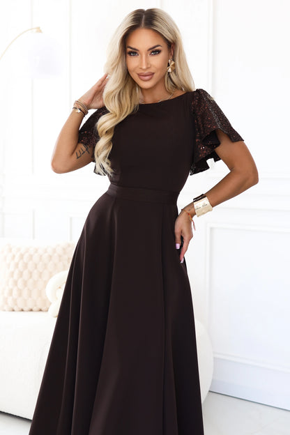 694-2 MIRELLA Elegantes ausgestelltes Maxikleid mit Pailletten-Ärmeln - schokoladenbraun