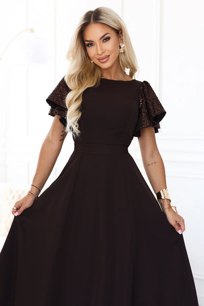 694-2 MIRELLA Elegantes ausgestelltes Maxikleid mit Pailletten-Ärmeln - schokoladenbraun