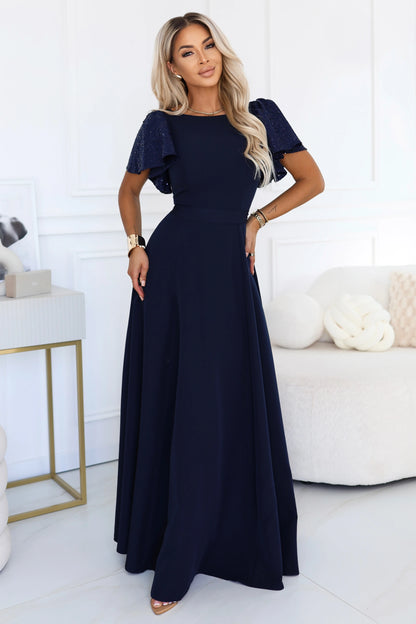 694-4 MIRELLA Elegantes ausgestelltes Maxikleid mit Pailletten-Ärmeln - marineblau