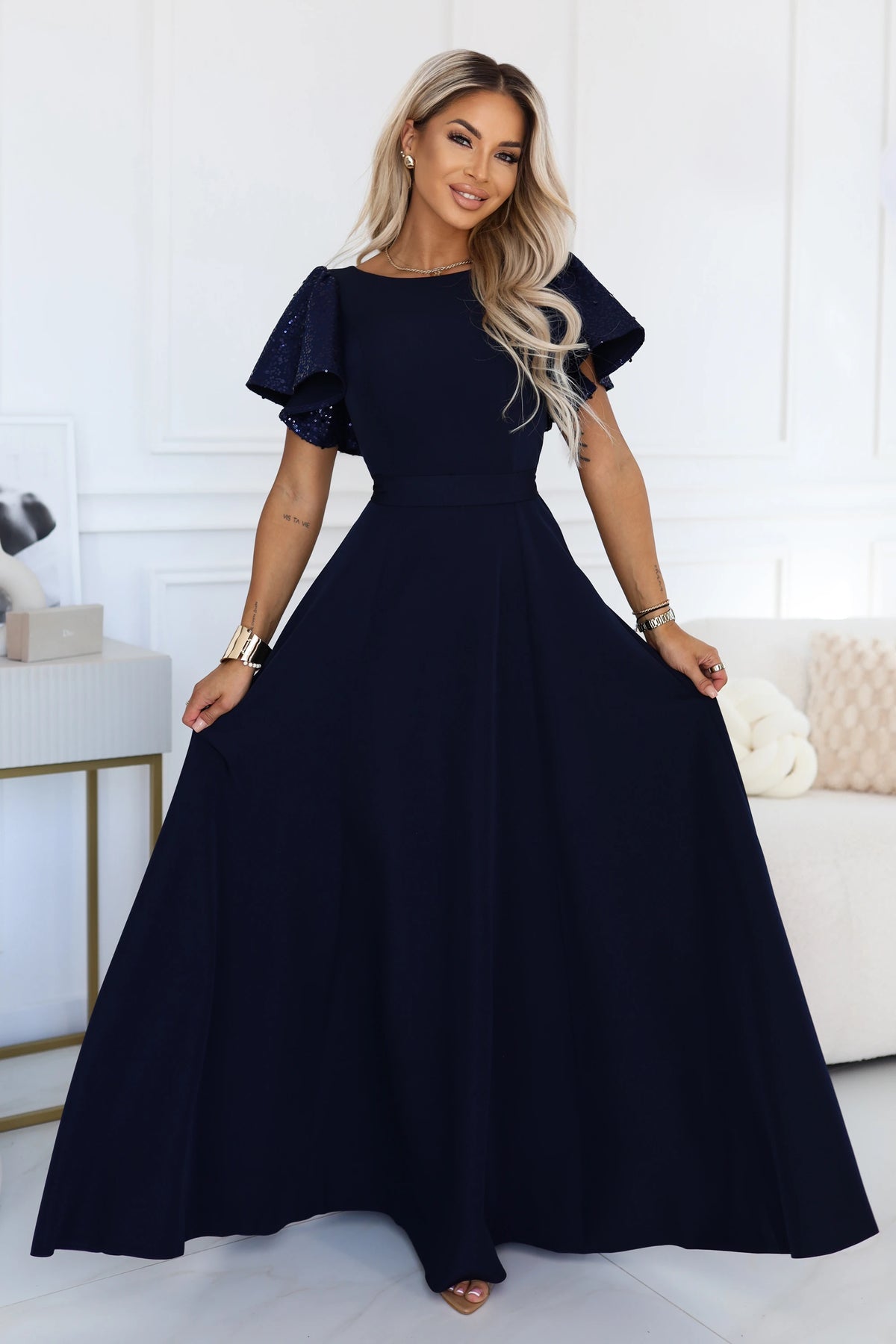 694-4 MIRELLA Elegantes ausgestelltes Maxikleid mit Pailletten-Ärmeln - marineblau